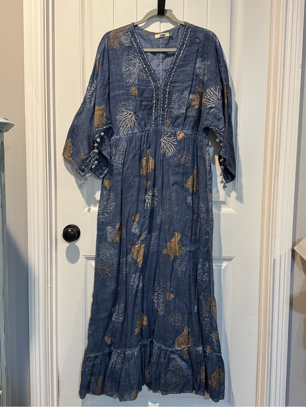 100% Cotton Dolma Indigo Coral Reef Metallic-Accent Maxi Dress XL